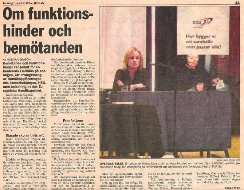 Ljusnan 3 april 2003: ”Om funktionshinder och bemötanden”, Madeleine Bengtson föreläser på HSO:s konferens i Bollnäs