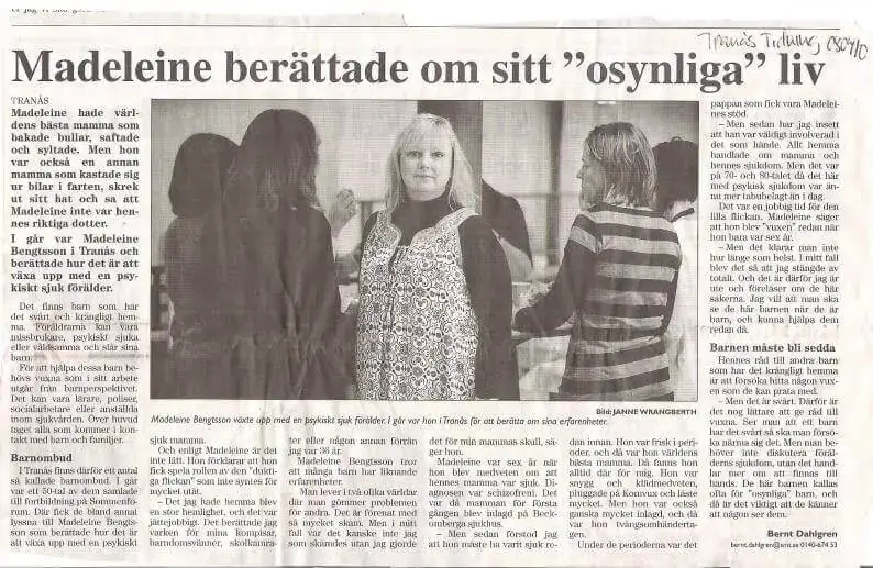 Tranås Tidning 10 april 2008: ”Madeleine berättade om sitt 'osynliga' liv”