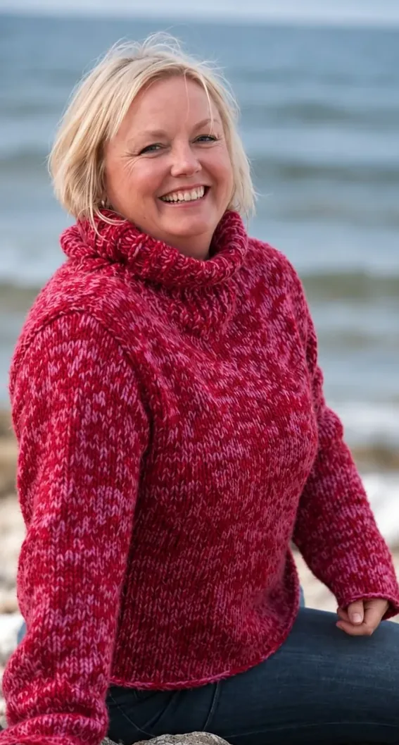 Madeleine Bengtson i röd stickad tröja på en stenstrand vid havet
